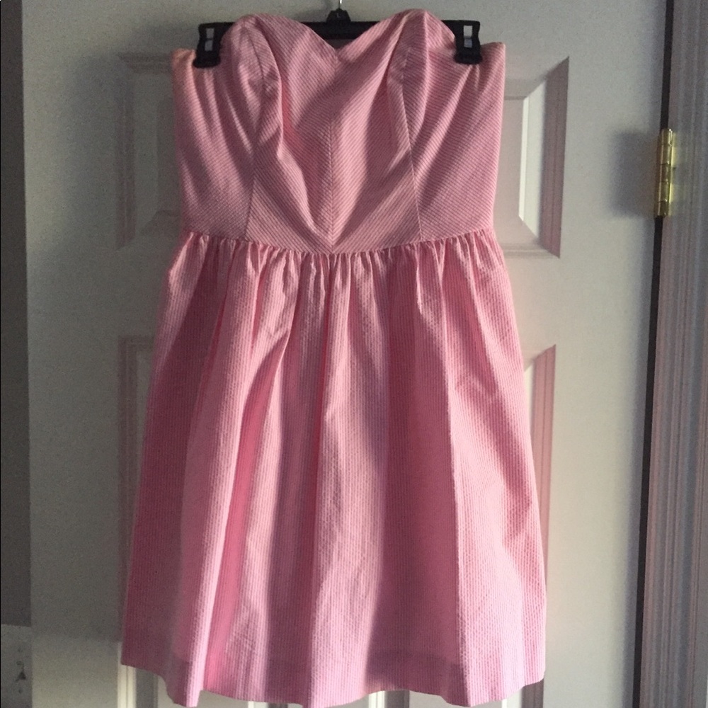 Striped pink and white strapless dress
